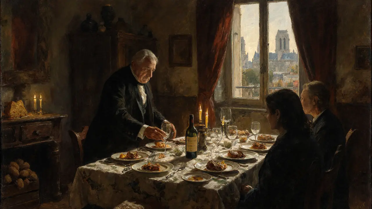 A candlelit dinner in a quiet apartment with unmarked plates and wine bottles on a wooden crate.