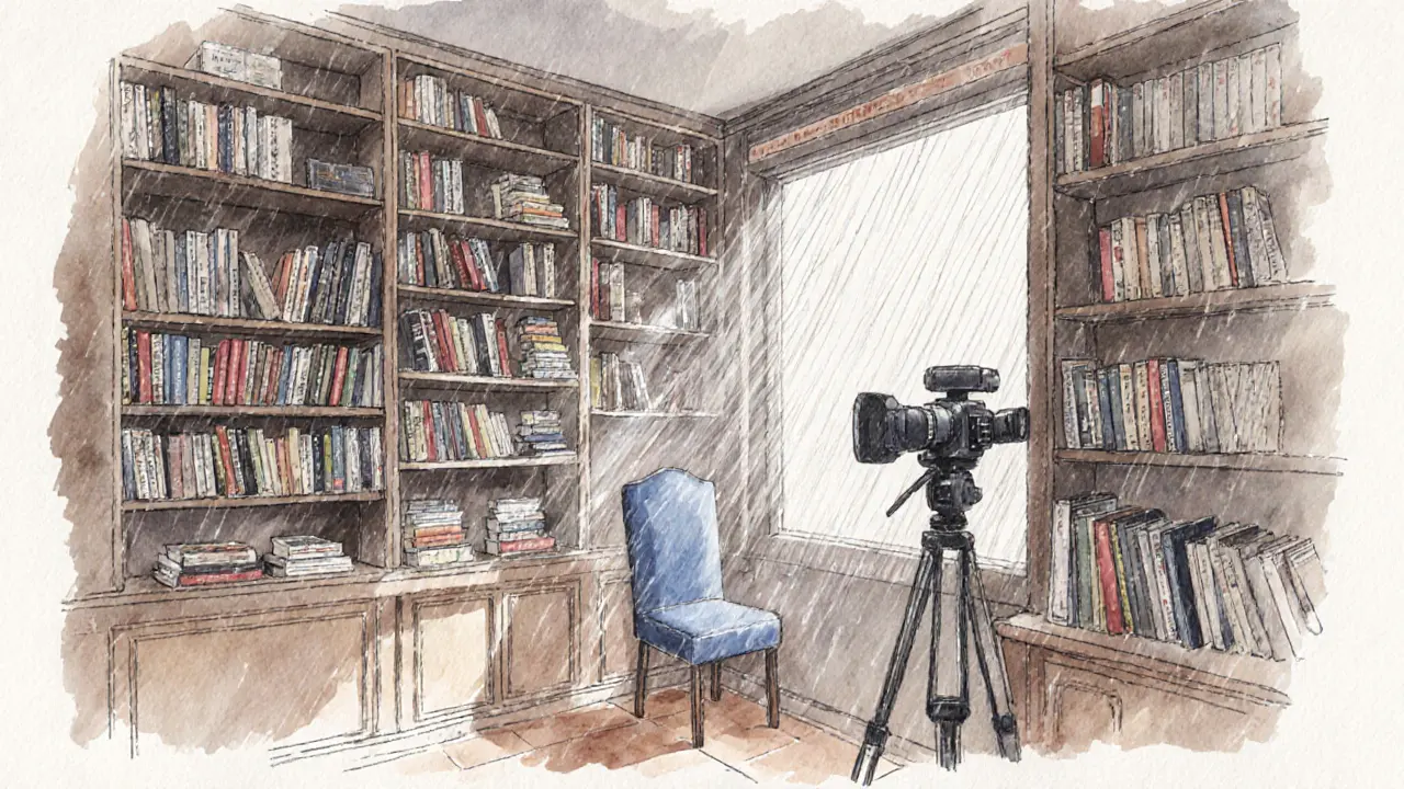 A converted Paris bookstore filled with film reels and audio tapes, rain streaking the window, symbolizing quiet legacy.