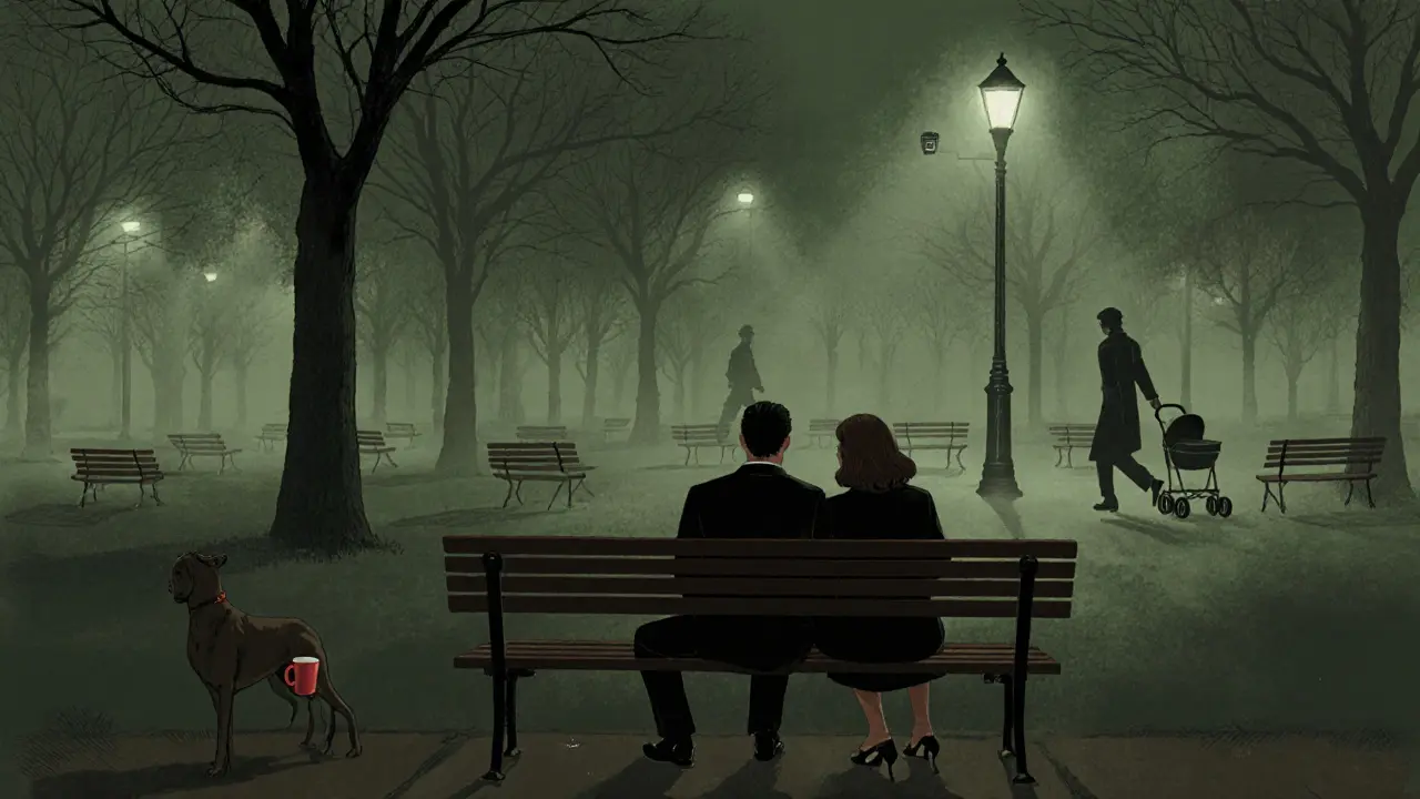 A couple meeting in a quiet park at dusk, with security cameras overhead and empty strollers nearby.