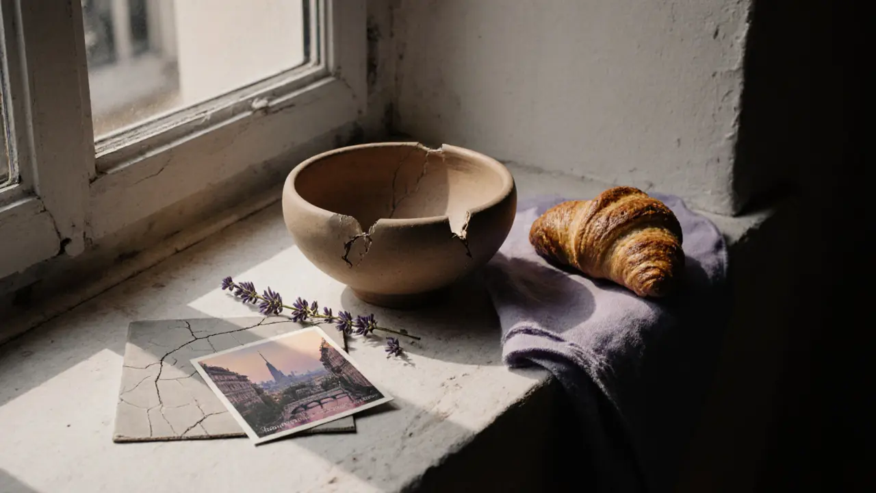 A cracked clay bowl, dried lavender, broken tile, and untouched croissant on a windowsill in quiet stillness.