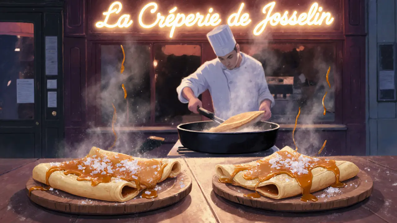 A crêpe with salted caramel being served in a cozy Latin Quarter crêperie at night.