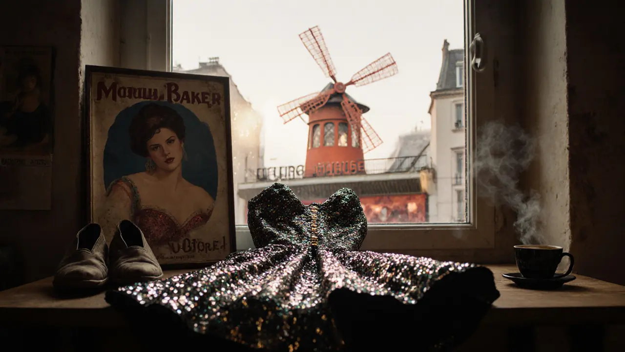 A detailed close-up of an ornate can-can costume with thousands of sequins, beside worn dance shoes and a vintage poster.