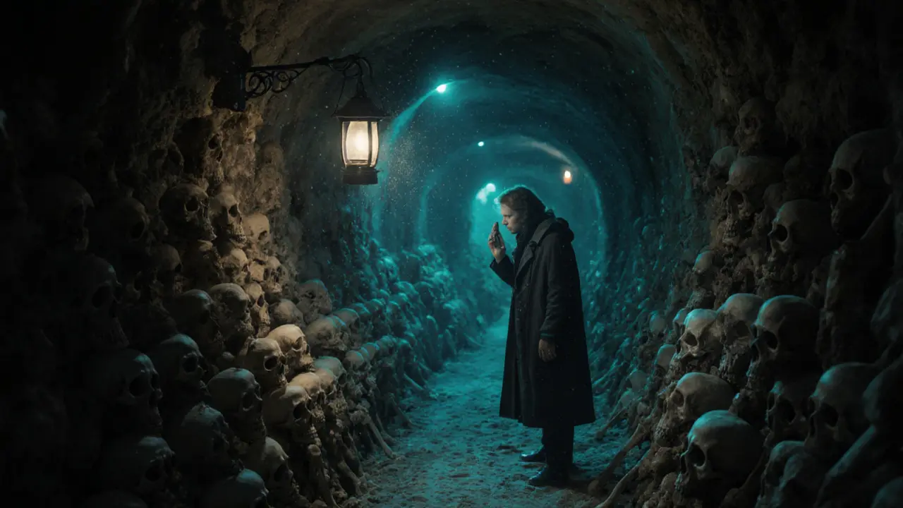 A lantern-lit tunnel in the Paris Catacombs, walls lined with bones, faint echoes of footsteps in the dark.