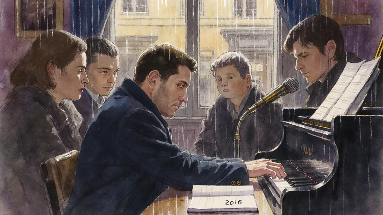 A man sits in shadow at a jazz club, while patrons around him are lit by stage light, all turned toward him.