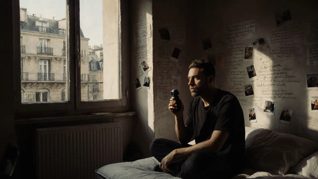 A man sits on a mattress in a sunlit Paris apartment, holding a voice recorder, surrounded by personal notes and photos.