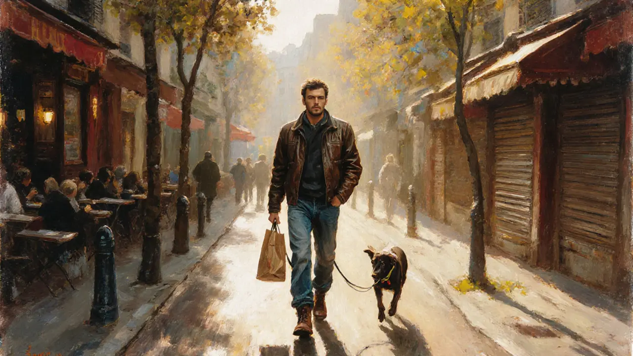 A man walks quietly through Le Marais with his dog, carrying bread, bathed in soft morning light.