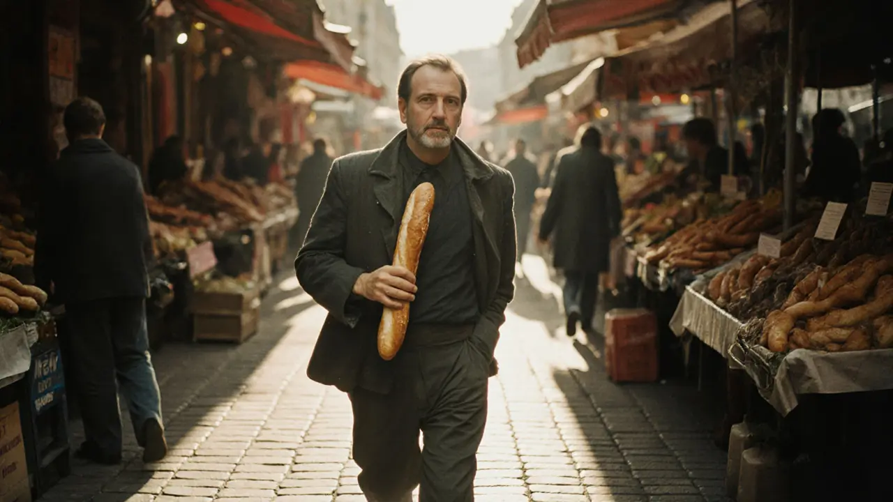A man walks through a bustling Paris market holding a baguette with quiet reverence, sunlight filtering through the canopy.