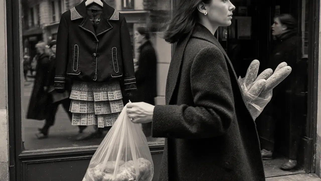 A Parisian woman walks with baguettes past a shop window reflecting Sebastian&#039;s hand-stitched clothing, quiet urban elegance.