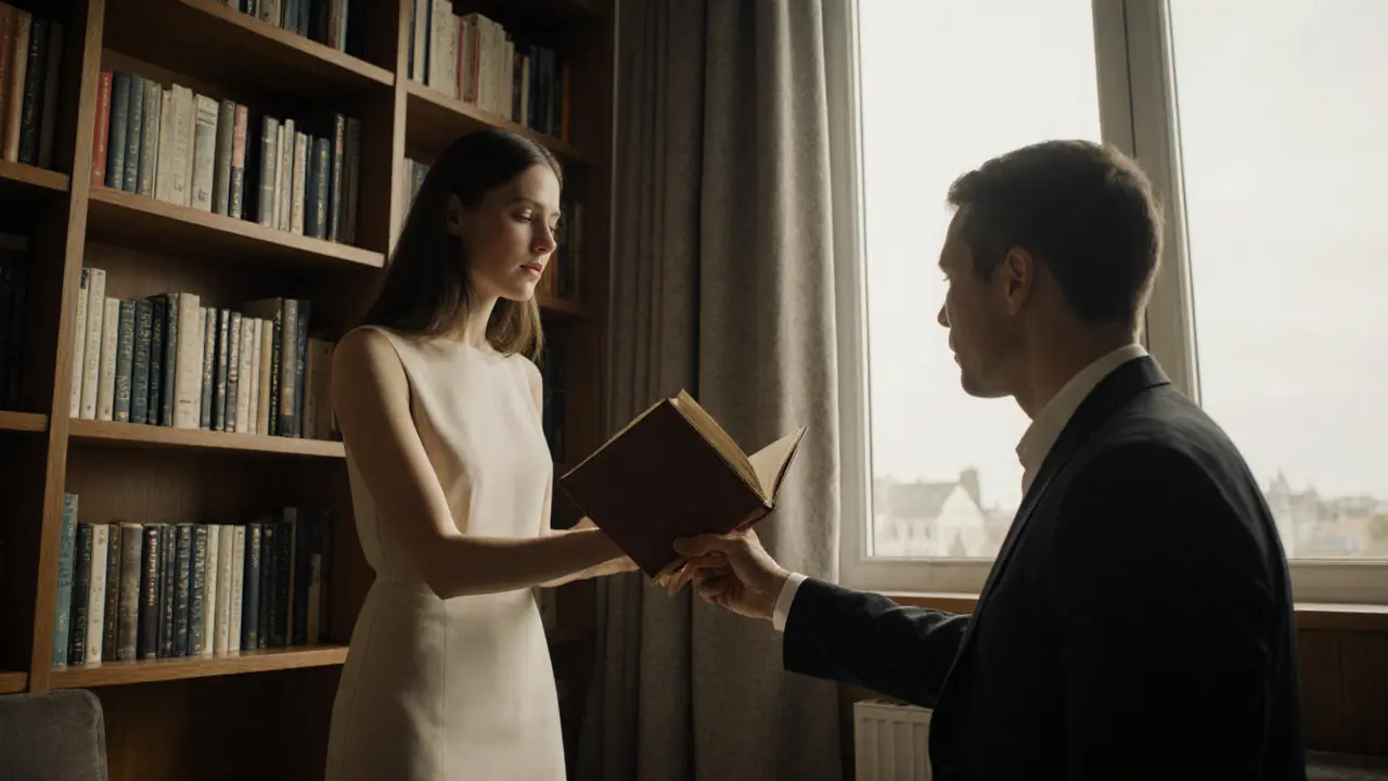 A performer offers a book to a client in a quiet, book-filled lounge, conveying connection without words.