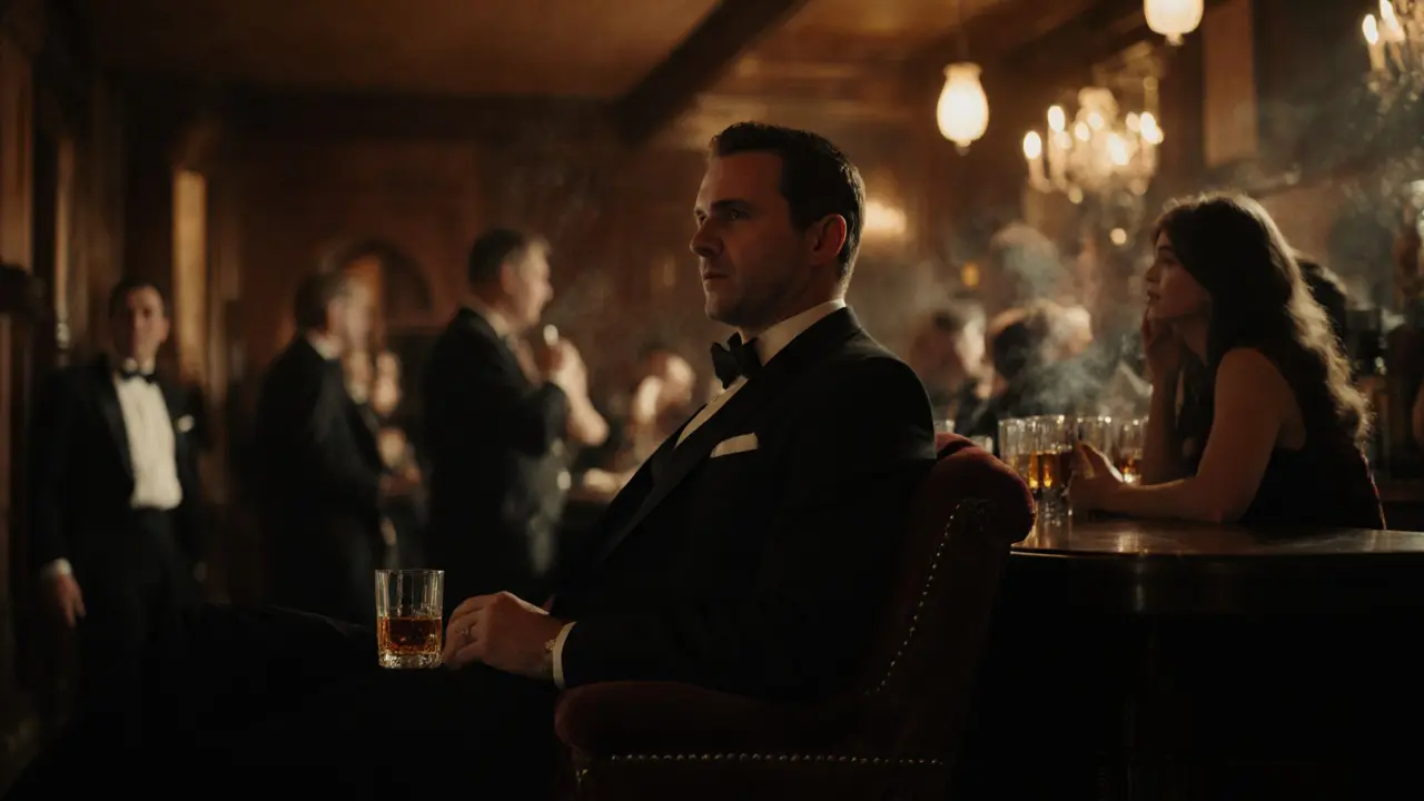 A quiet man sits beside a dim bar counter, surrounded by blurred patrons in a moody, intimate atmosphere.