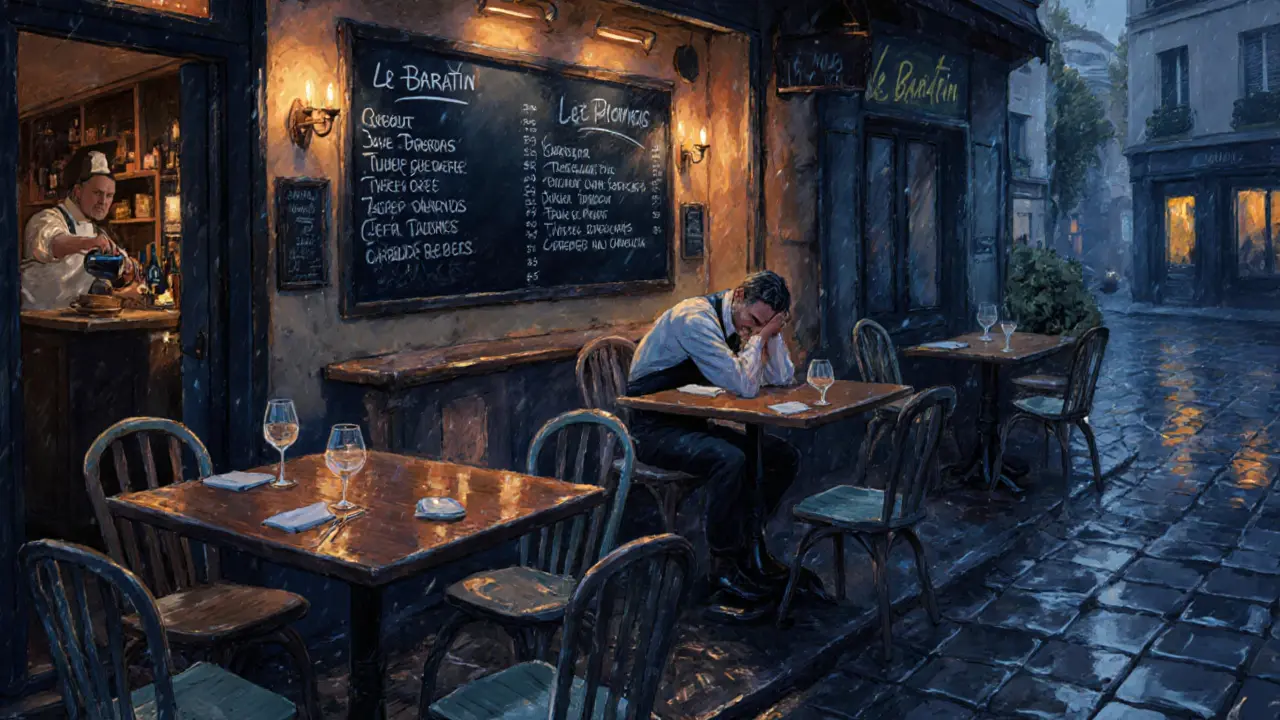 A rustic bistro with chalkboard menu, candlelight, and patrons enjoying grilled sardines and natural wine.