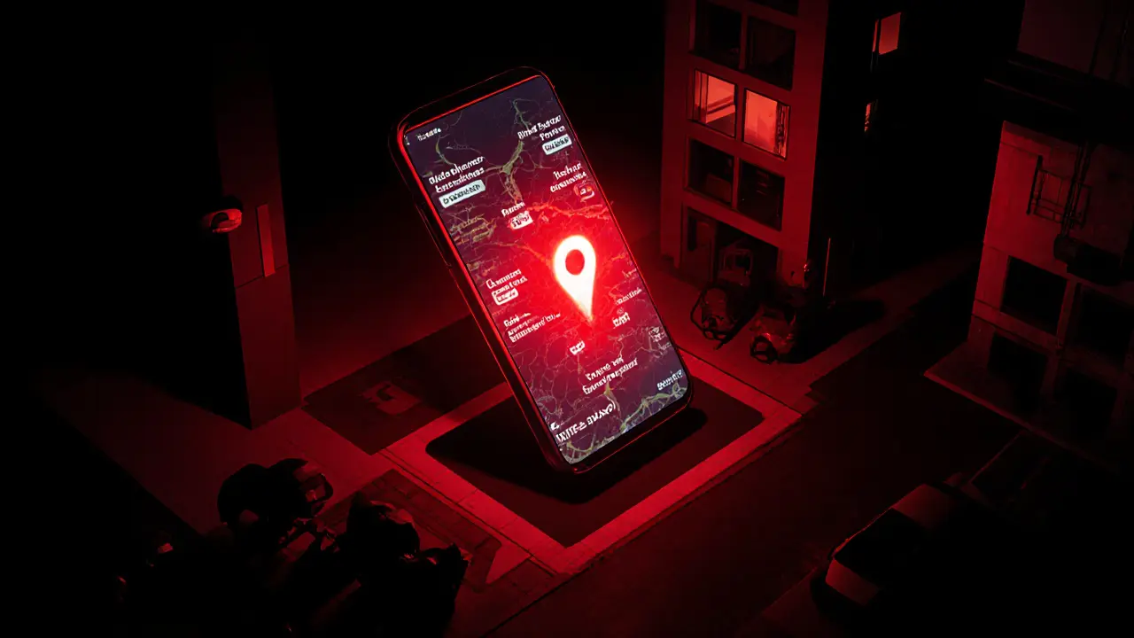 A smartphone surrounded by digital traces of location data, rideshares, and credit card activity.