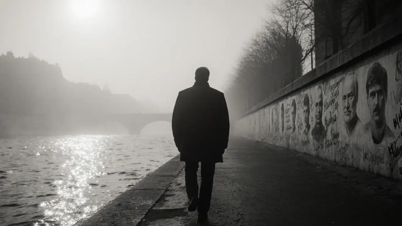 A solitary figure fades into fog along the Seine, leaving behind wall portraits with no signatures, disappearing into silence.