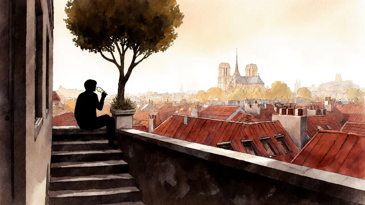 A solitary figure on a hidden rooftop overlooking Paris rooftops and a single tree at dusk.