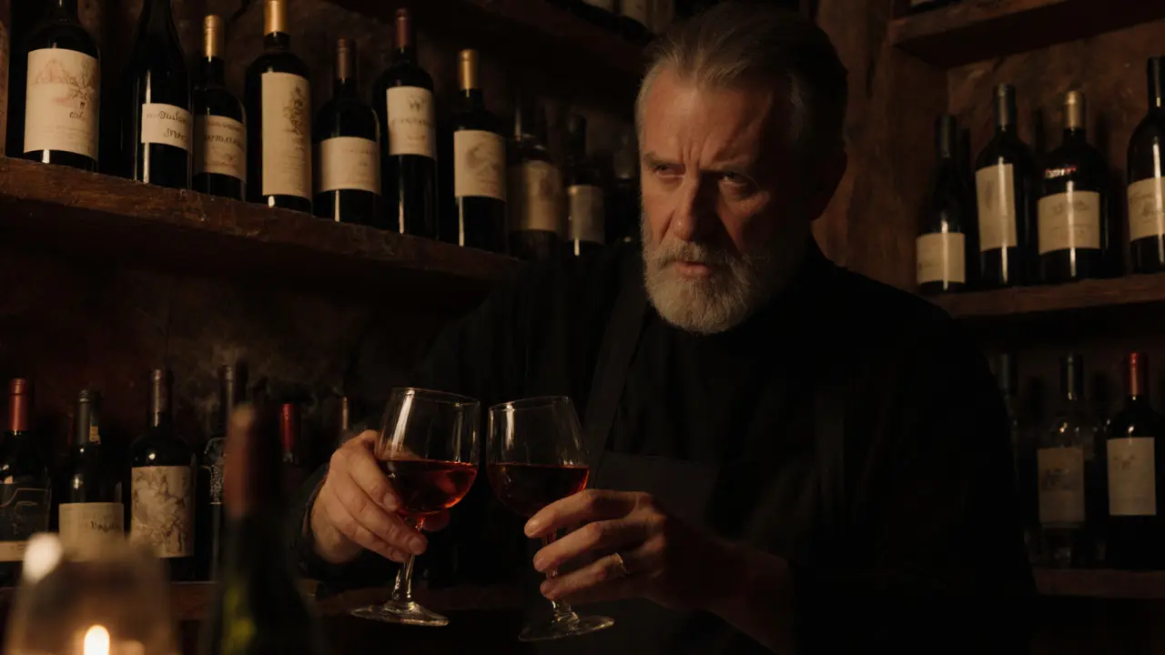 A sommelier pours wine at a hidden bar with wooden shelves, candlelight glowing on two glasses.