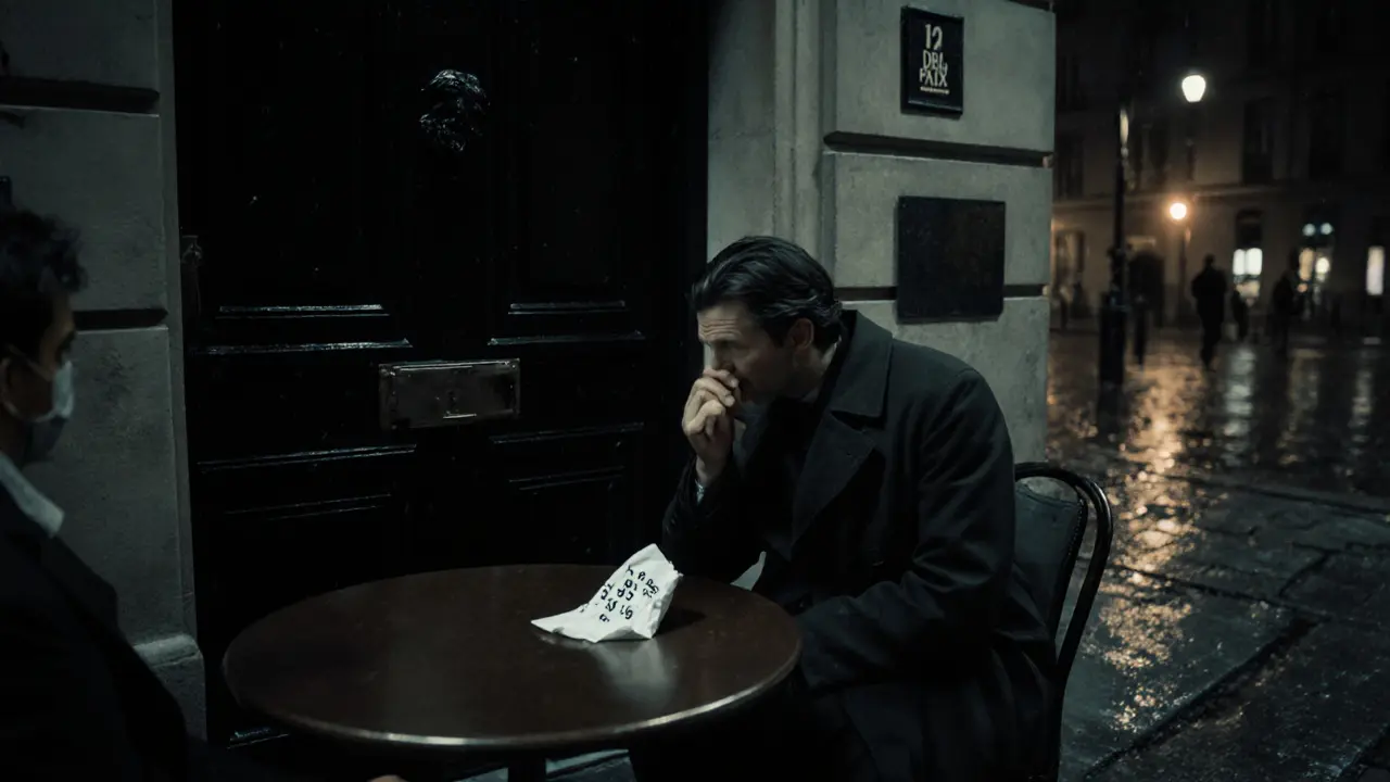 A stranger whispers a code to a newcomer outside a black door with a raven knocker at night.