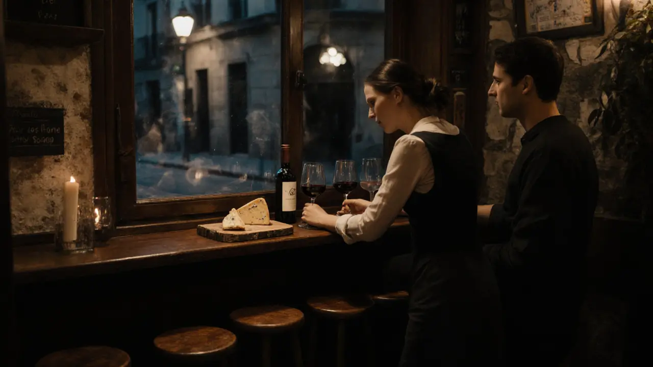 A tiny, dimly lit Parisian bar with just ten stools, where a woman pours wine for a solitary guest.