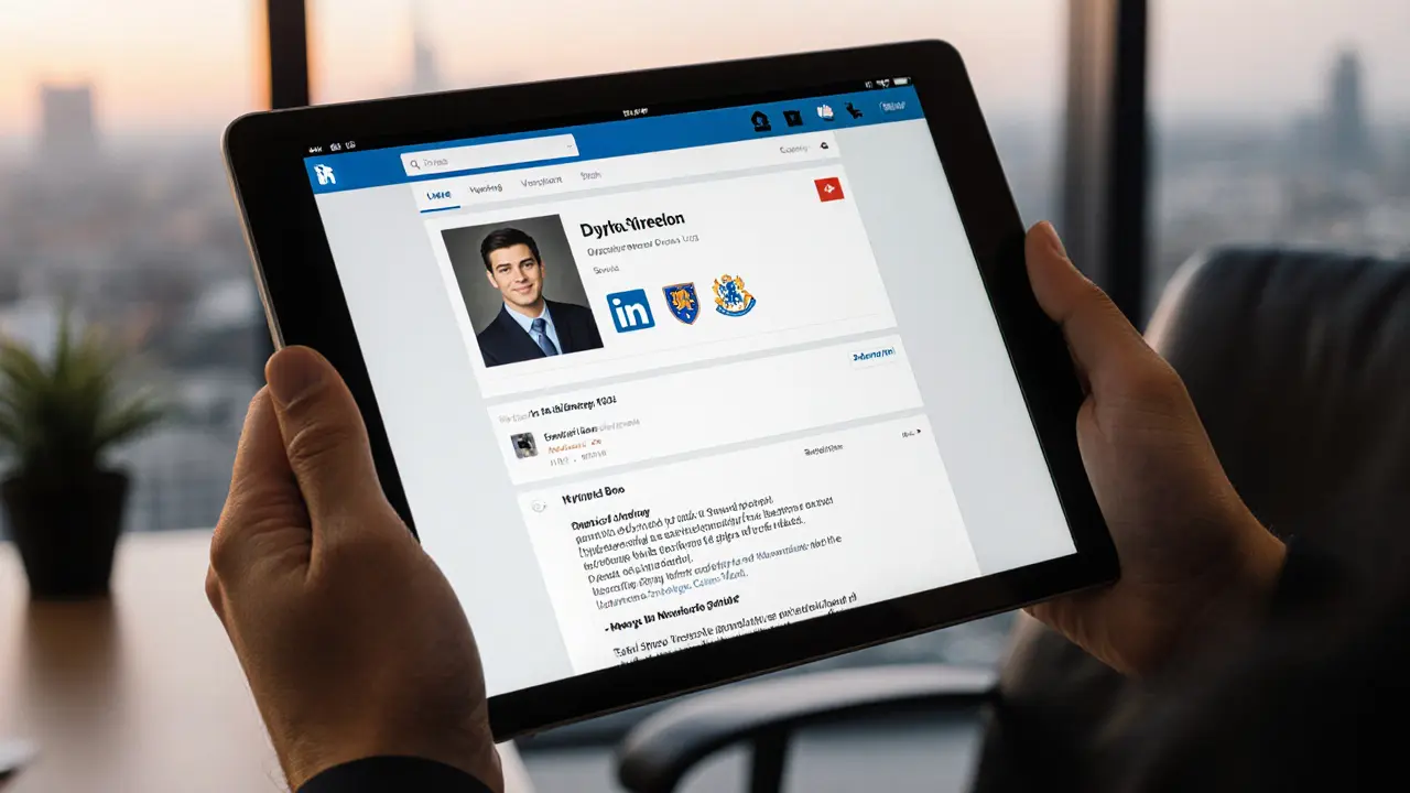 A verified dating profile on a tablet shows professional credentials and a book publication.