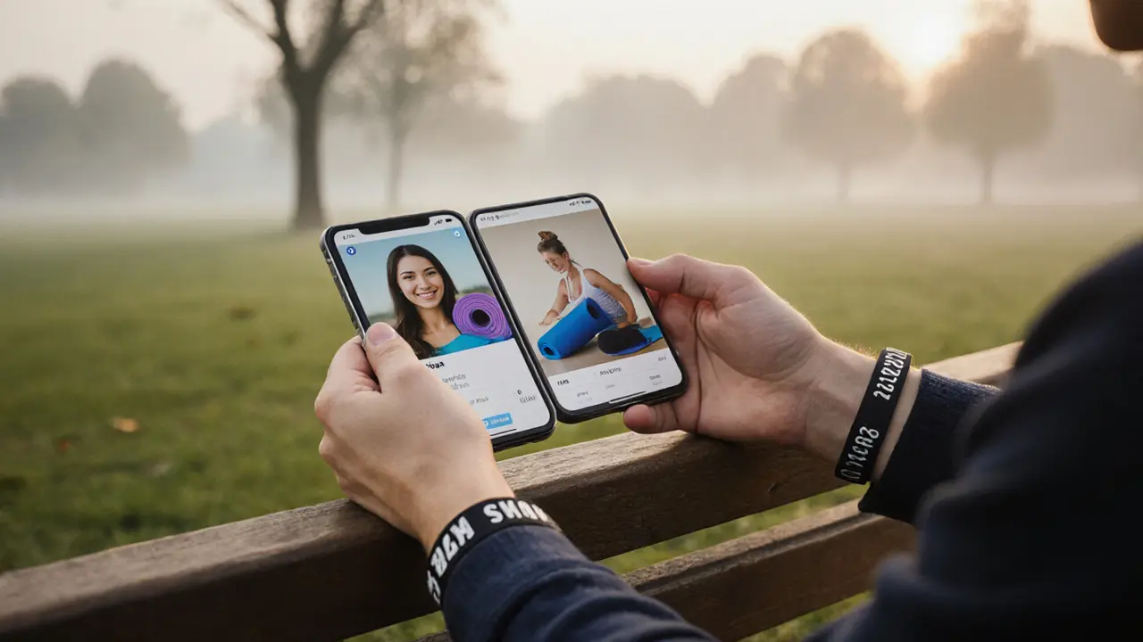 A verified Happn profile photo and a 2016 gym wristband rest together on a park bench at dawn.