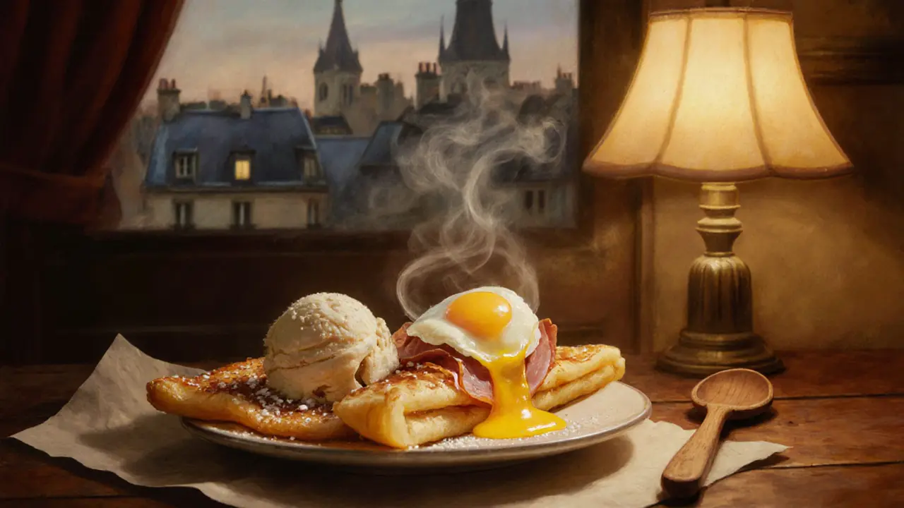 A warm buckwheat crêpe with ham, egg, and cheese, steam rising, beside a salted caramel dessert.