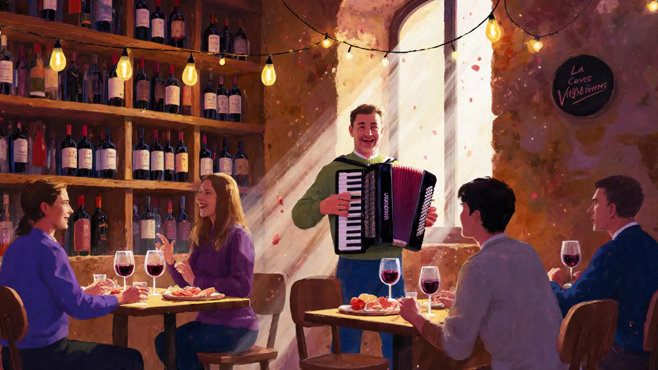 A warm wine cellar with live accordion music, patrons sharing food and wine under string lights.