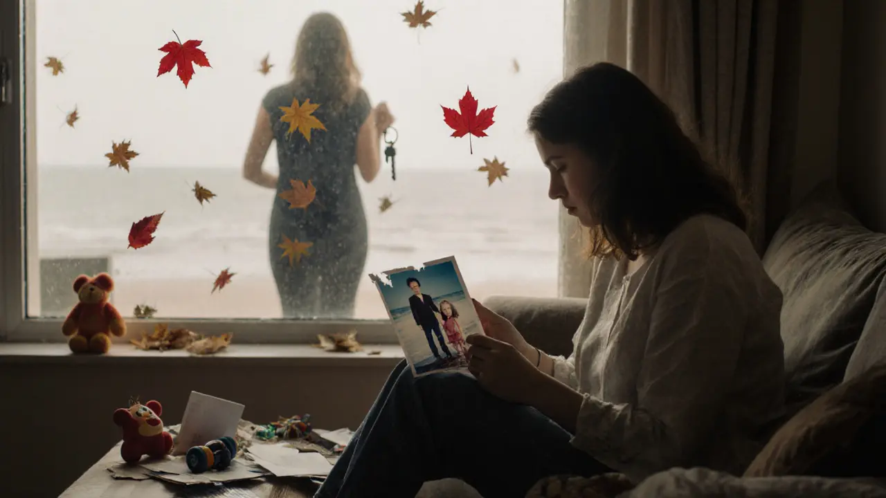A woman sits on a sofa surrounded by toys, staring at a torn family photo, while another woman watches from outside with regret.