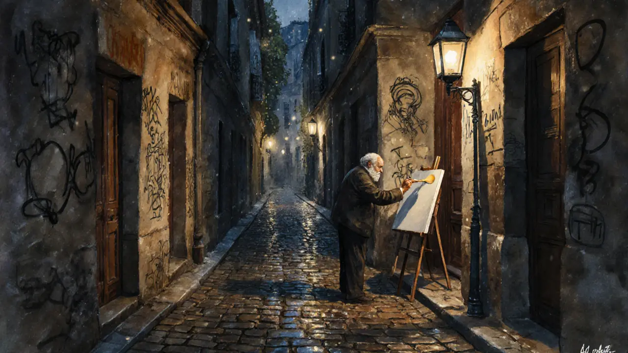 An artist paints in a shadowy Montmartre alley, lantern light glowing on cobblestones and hidden sketches.