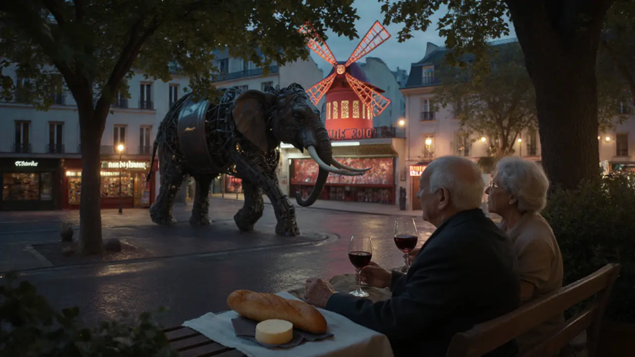 An elderly couple watches the mechanical elephant from a balcony, sipping wine as the city glows softly around them.