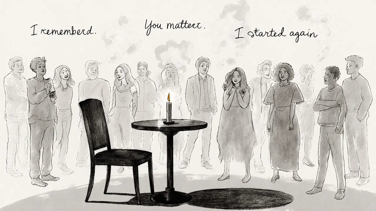 An empty chair beside a candle, surrounded by ghostly silhouettes of people who felt seen by someone who never spoke.