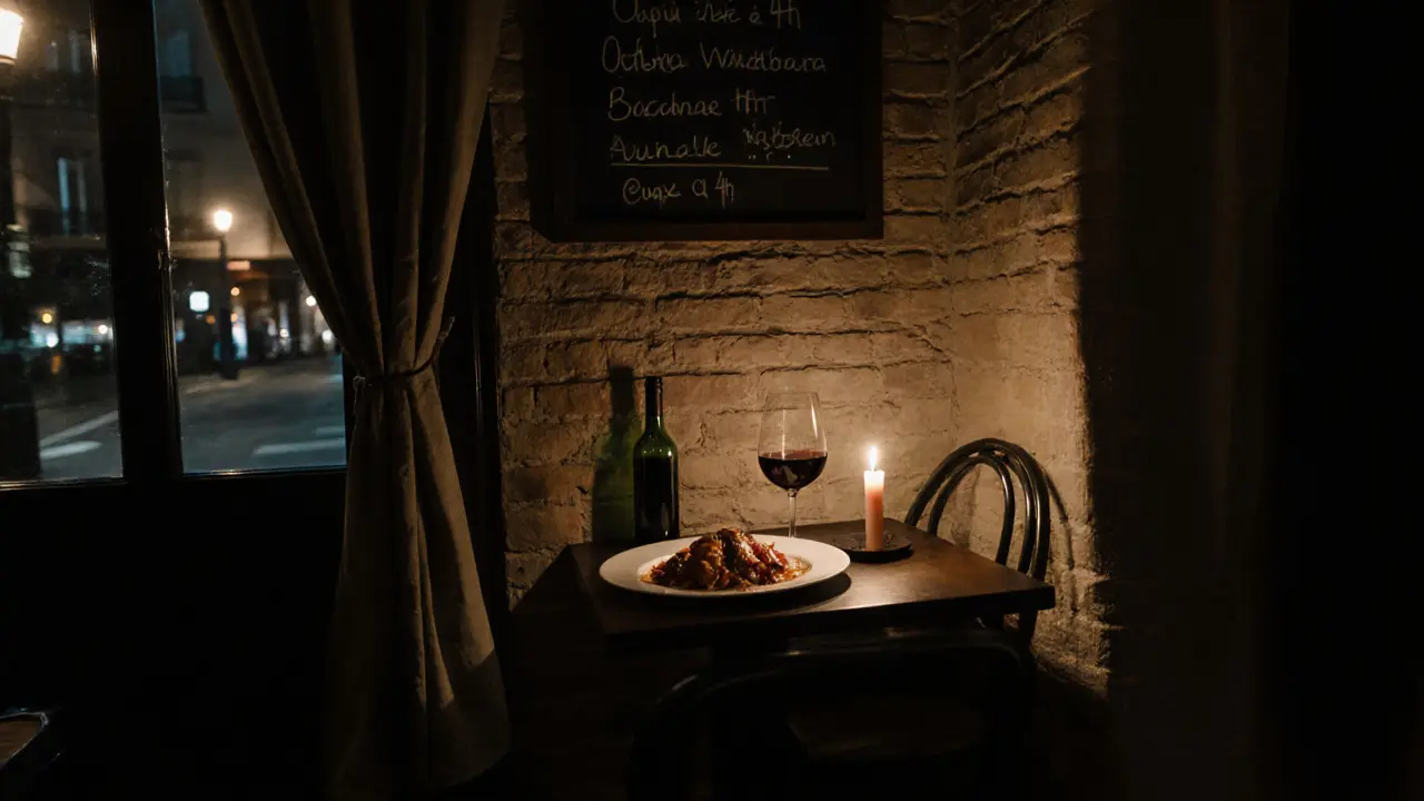 An empty table at Le Baratin with coq au vin and a flickering candle after midnight.