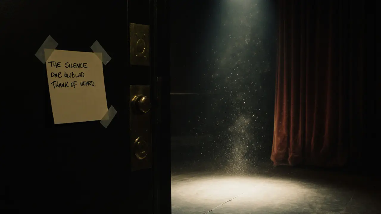An empty theater stage at dawn with a handwritten note on the door, single spotlight still glowing faintly.