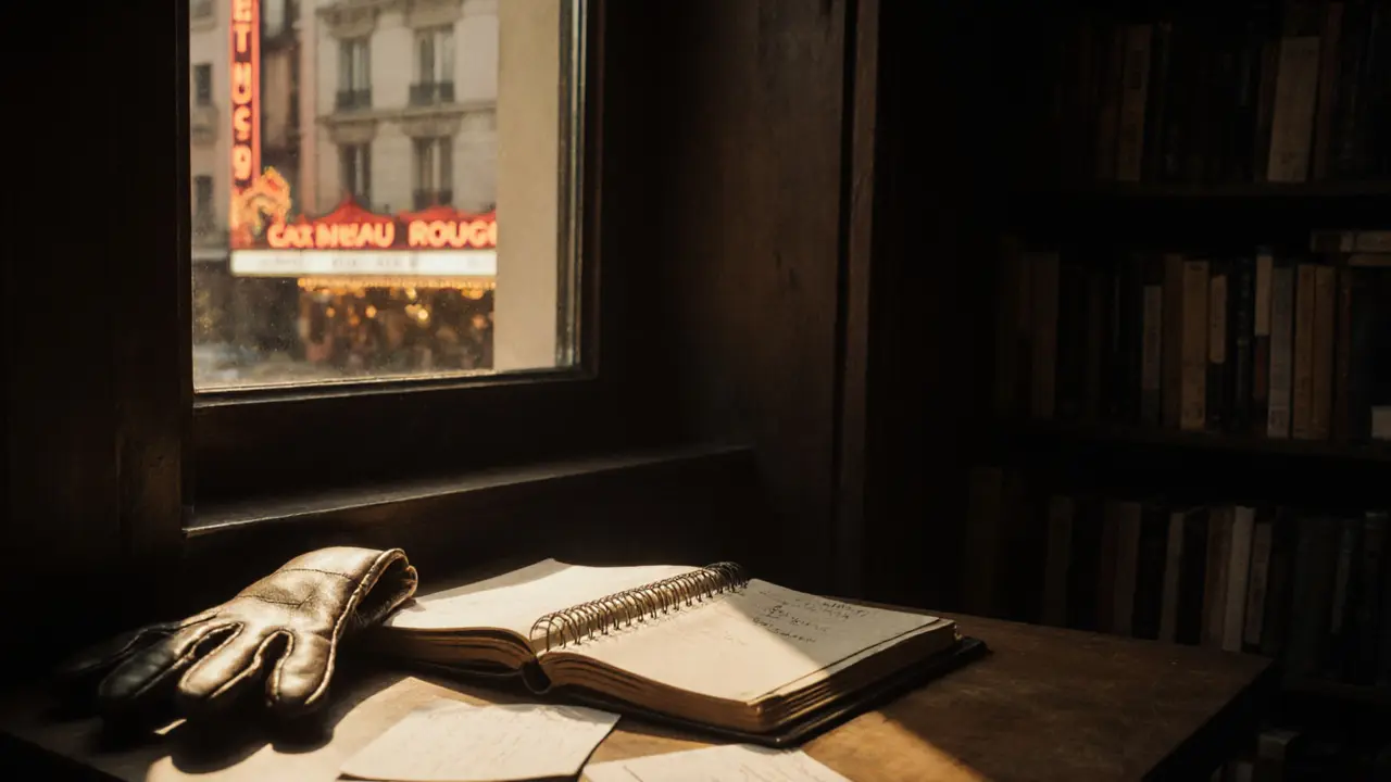 An open notebook with handwritten RSVPs and leather gloves on a wooden table in a quiet Parisian bookstore.