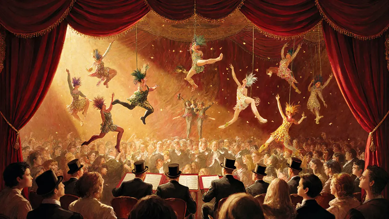 Can-can dancers in feathered costumes perform mid-air on a glittering stage, surrounded by a glowing orchestra and velvet curtains.