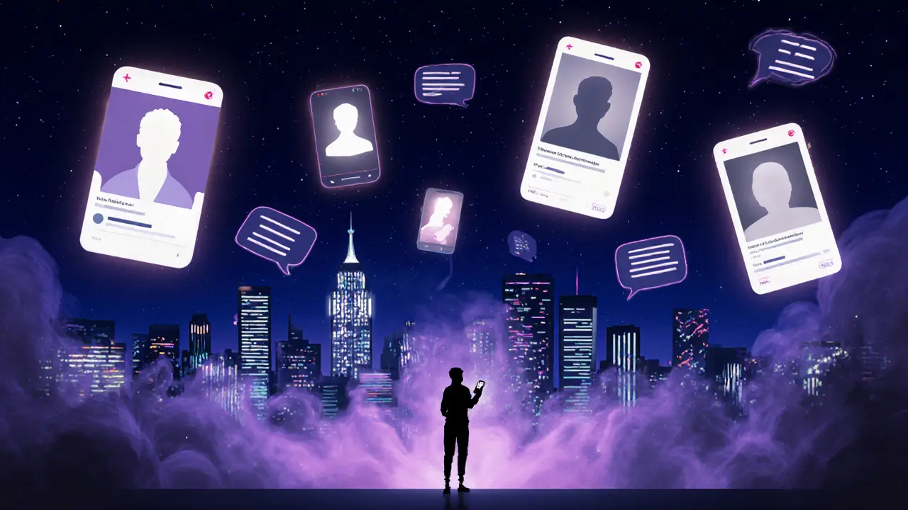 City skyline with floating Tinder profiles, some glowing with interests, others dissolving into smoke.