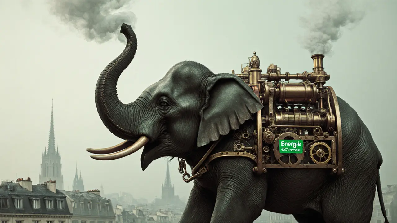 Close-up of the elephant&#039;s hydraulic leg mechanism with brass gears and a green &#039;Énergie 100% Française&#039; sticker.