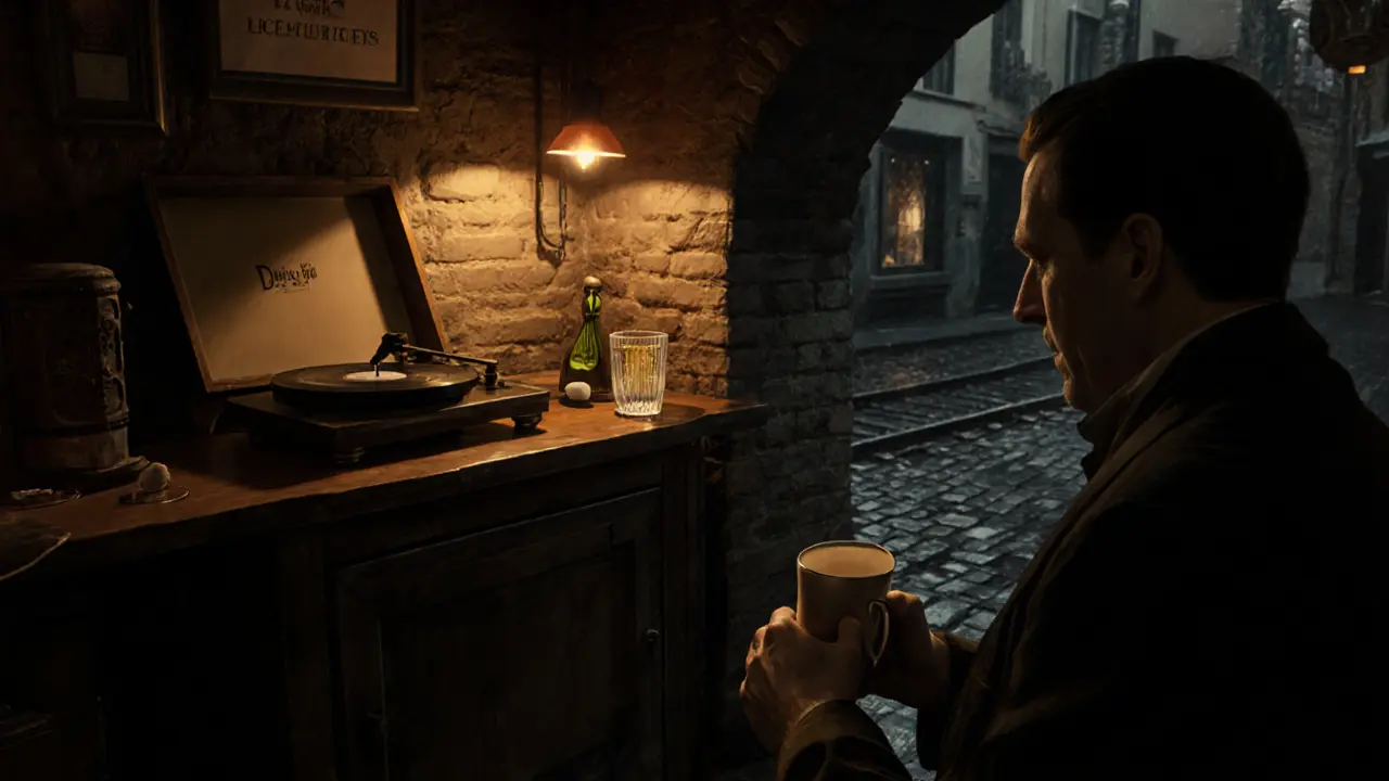 Cozy hidden bar under a railway arch at night, with absinthe glass and vintage turntable in warm golden light.