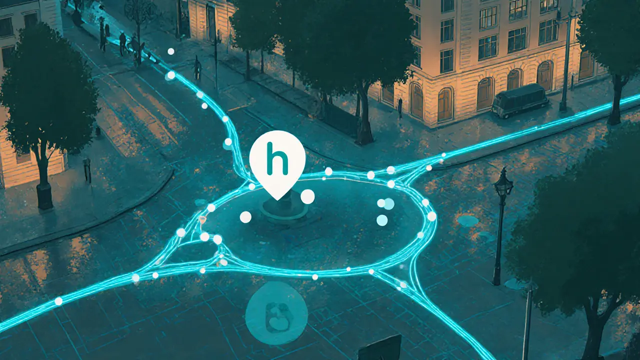 Digital map overlay in London showing glowing paths of two Happn users who crossed paths in Piccadilly Gardens.