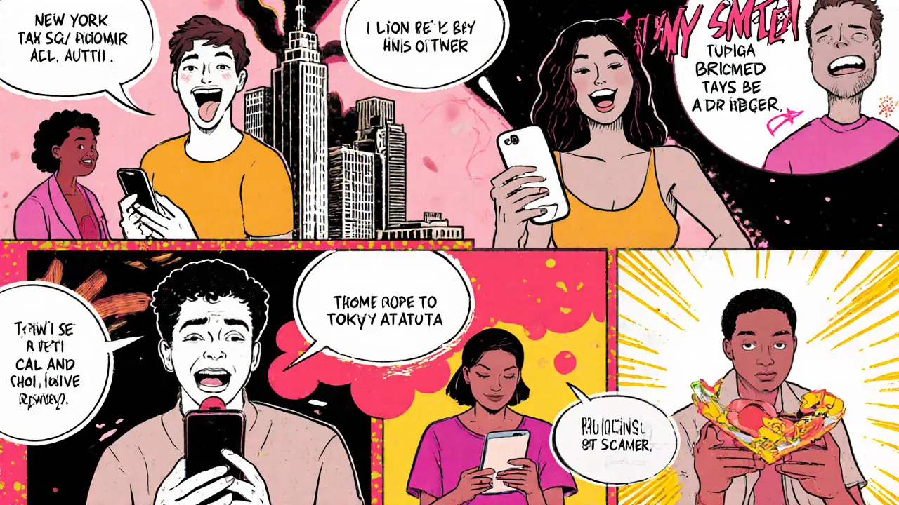 Diverse people using Tinder in different cities, each in their own bubble showing unique interactions.