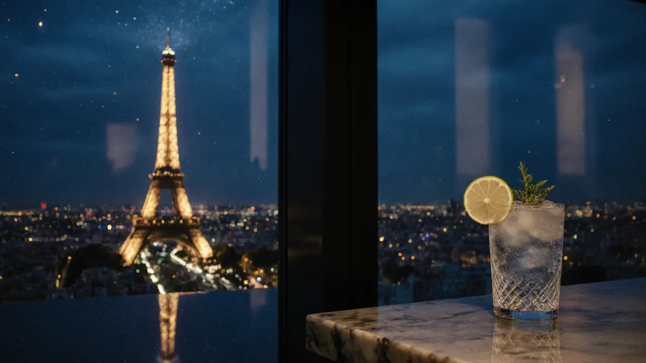 Eiffel Tower sparkling at night seen from a glass-walled rooftop bar high above Paris.