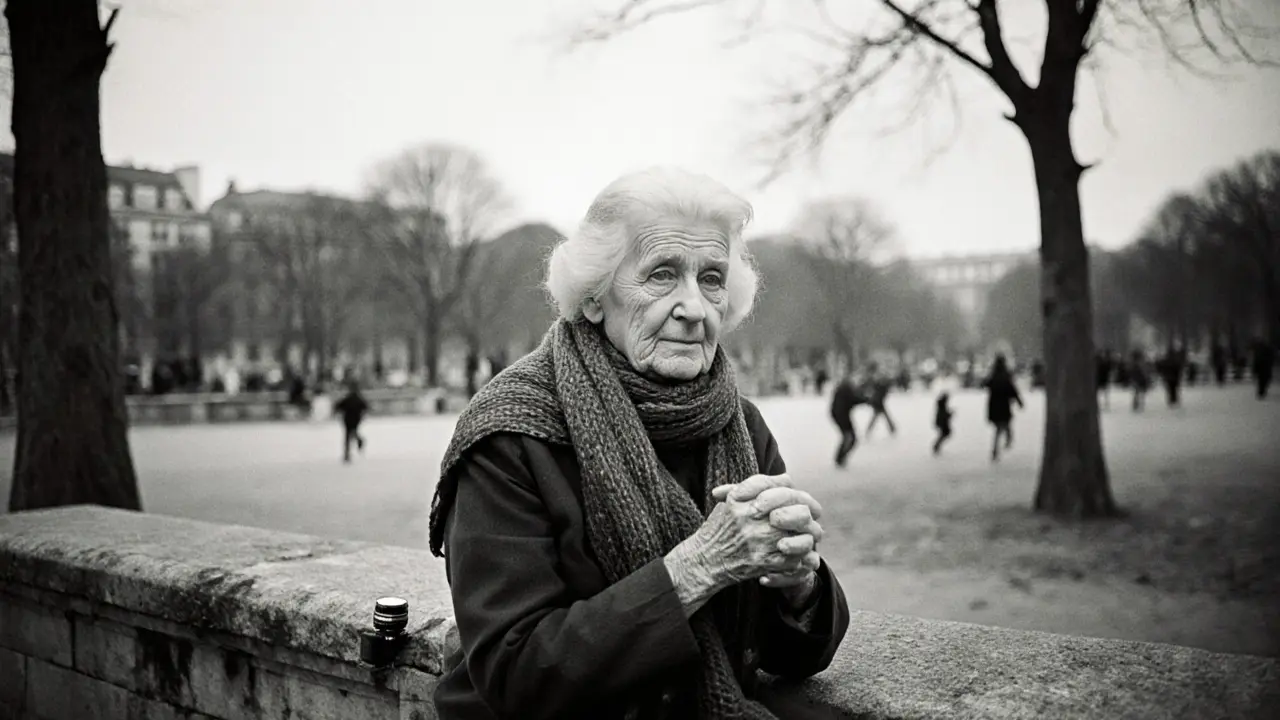 Elderly woman sitting quietly on a bench near Luxembourg Gardens, hands clasped, soft overcast light.