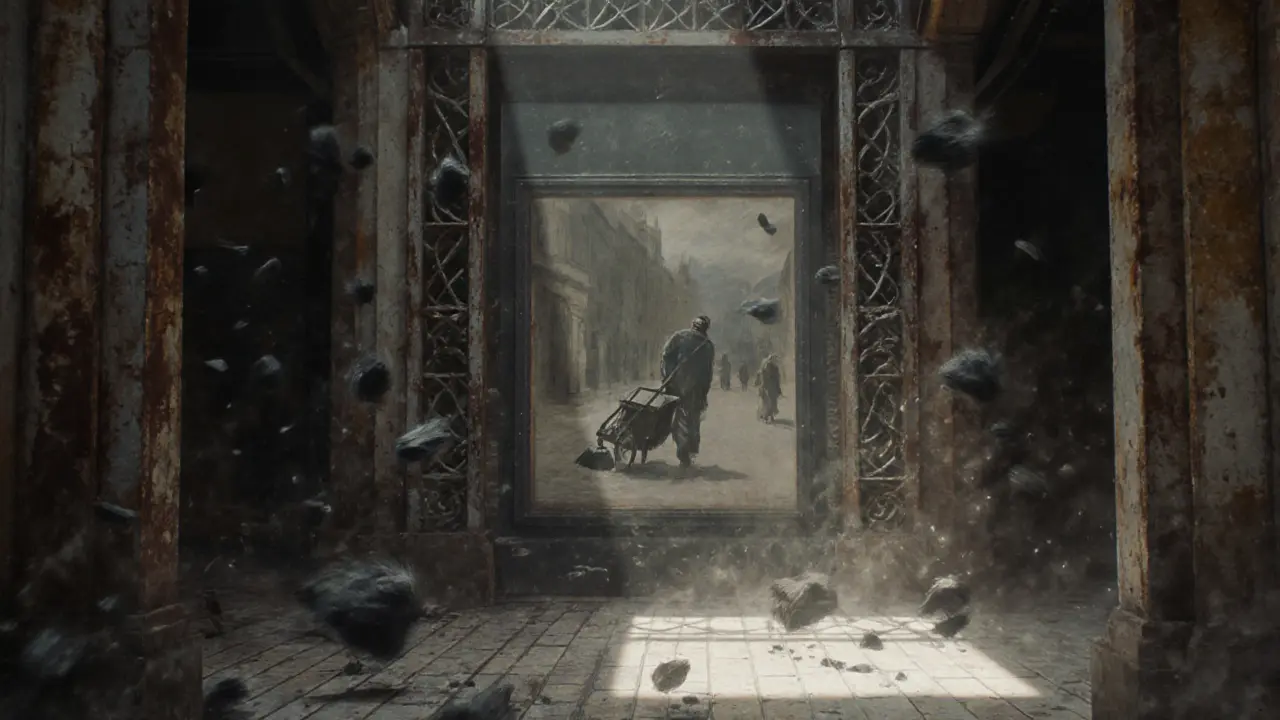 Faint mural of a street cleaner barely visible among rusted museum beams and drifting dust.