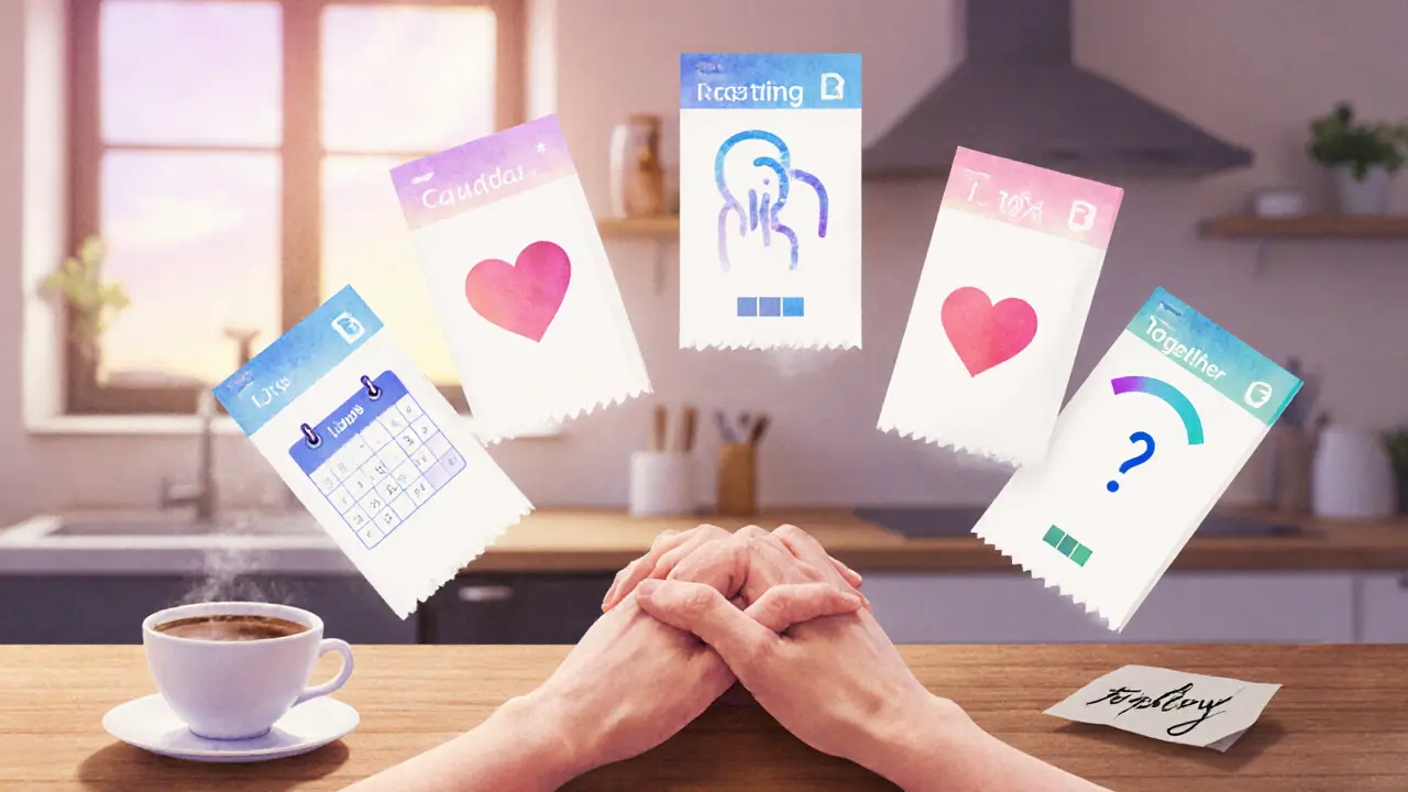 Five free relationship app icons floating around interlocked hands on a wooden table at sunrise.