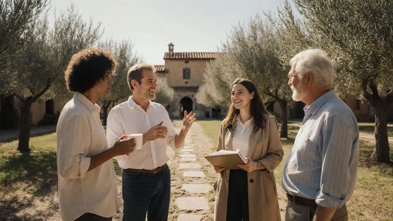 Four people connect naturally in a Tuscan garden, engaged in thoughtful conversation.