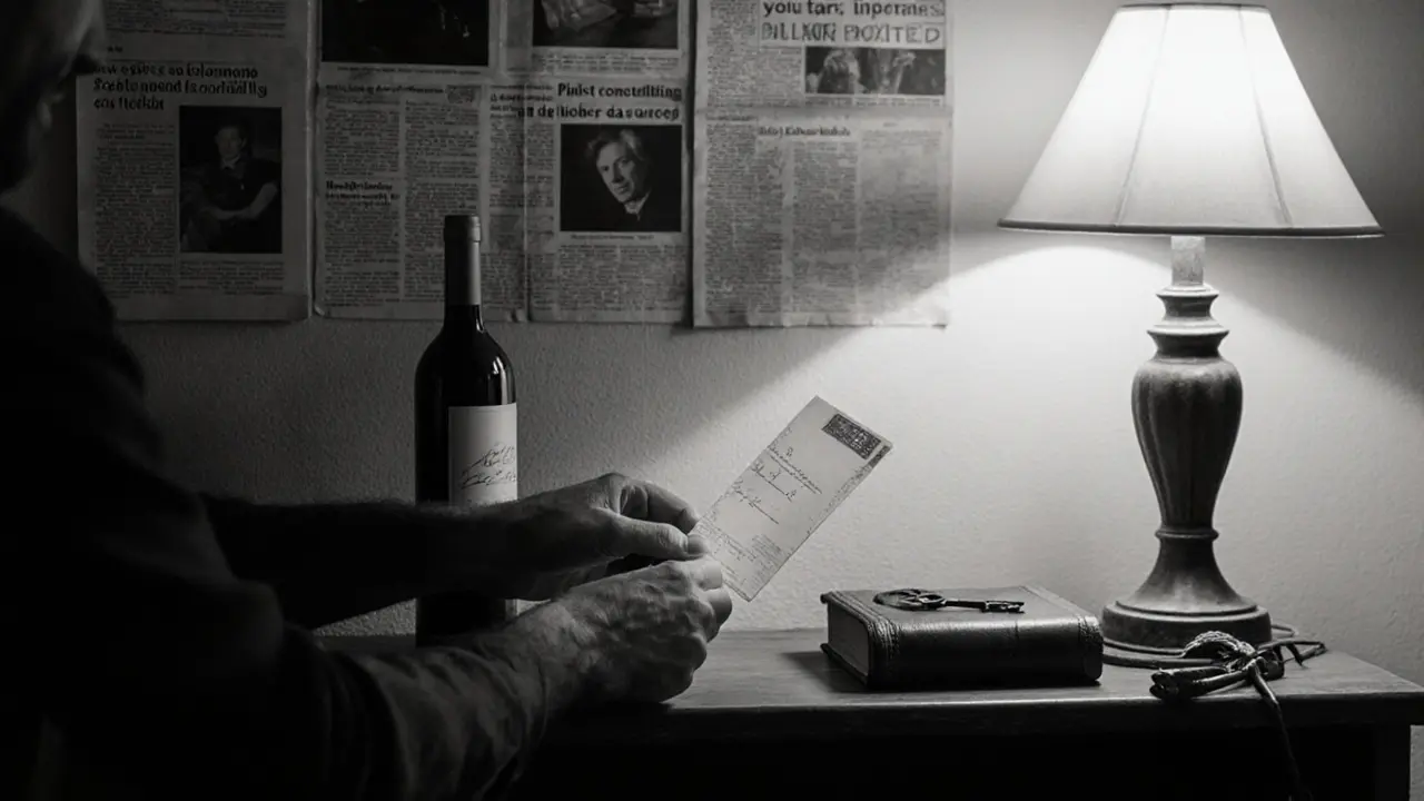 Hands placing a postcard among untouched gifts on a wooden shelf, lit by a single bedside lamp.