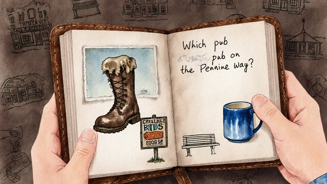 Handwritten note beside sketches of pottery, hiking boots, and street markets in a rustic journal.