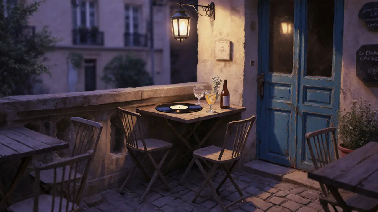 Hidden Montmartre terrace with a vinyl record, cider bottle, and warm lantern light at dusk.