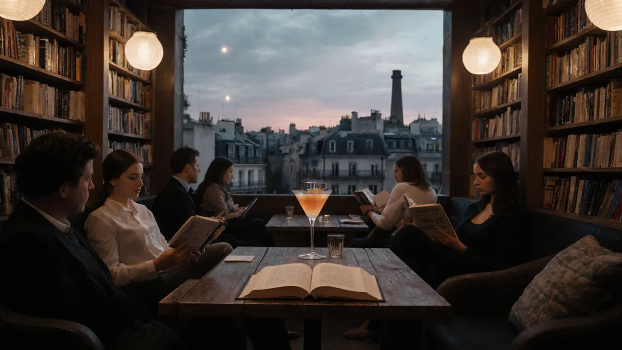 Hidden rooftop literary lounge with books and quiet patrons, lit by lanterns above Parisian rooftops.