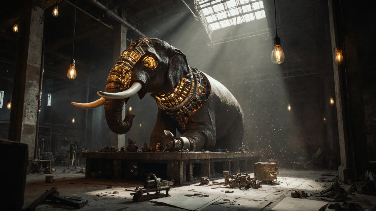 Inside a dim industrial warehouse, the massive elephant rests with exposed gears and steam valves, bathed in warm light amid tools and blueprints.