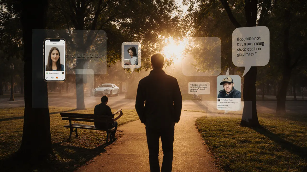 Man walking in a park as generic dating profile images fade into the trees around him.