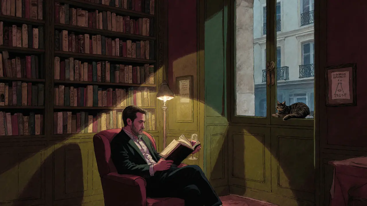 Manuel reading quietly in a cozy bookstore-bar filled with old French novels and soft lamplight.